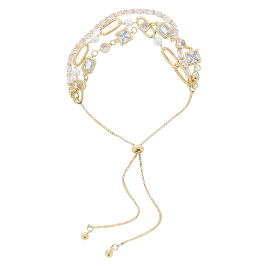 3 Strand, Multi Gold Bezel Crystals, Paperclip & Pearl Links, Circle & Crystal Tennis Adj Bracelet