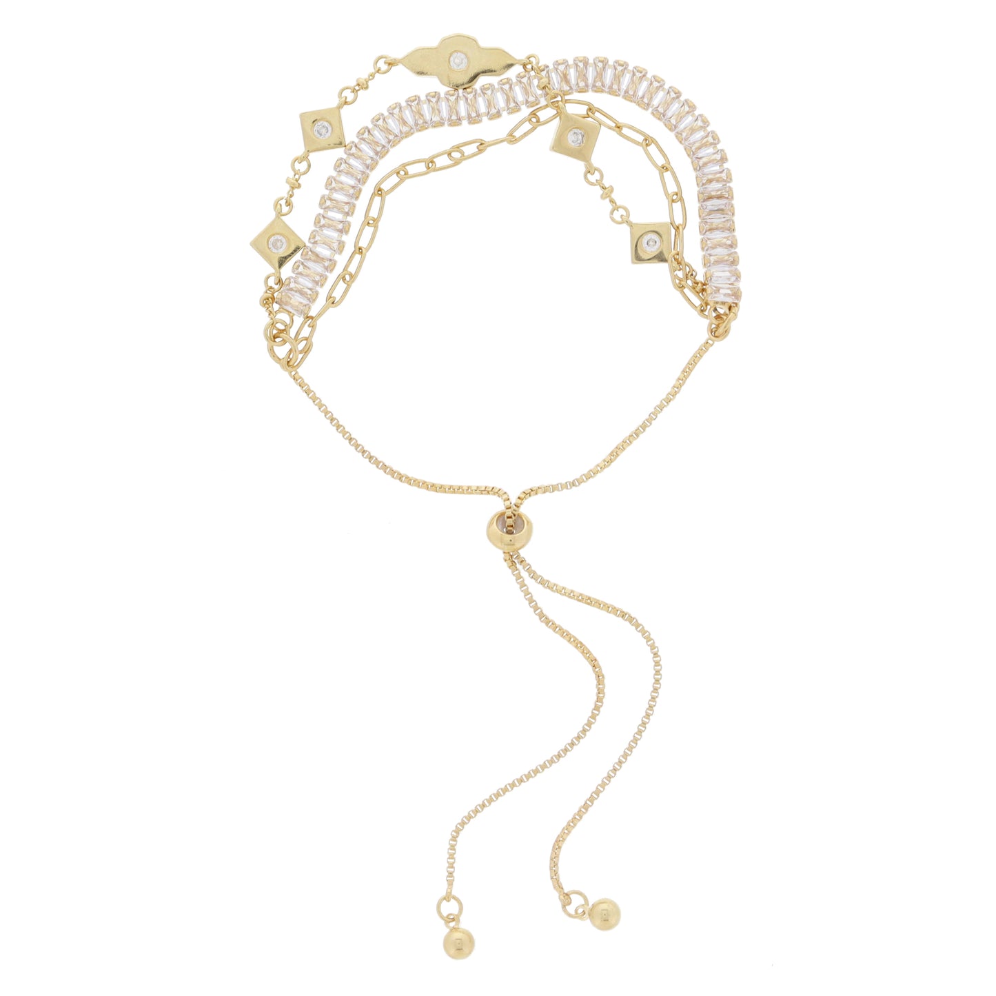 3 Strand, Baguette Crystal Tennis, Gold Shapes with Crystals, Gold Paperclip Chain Adj Bracelet