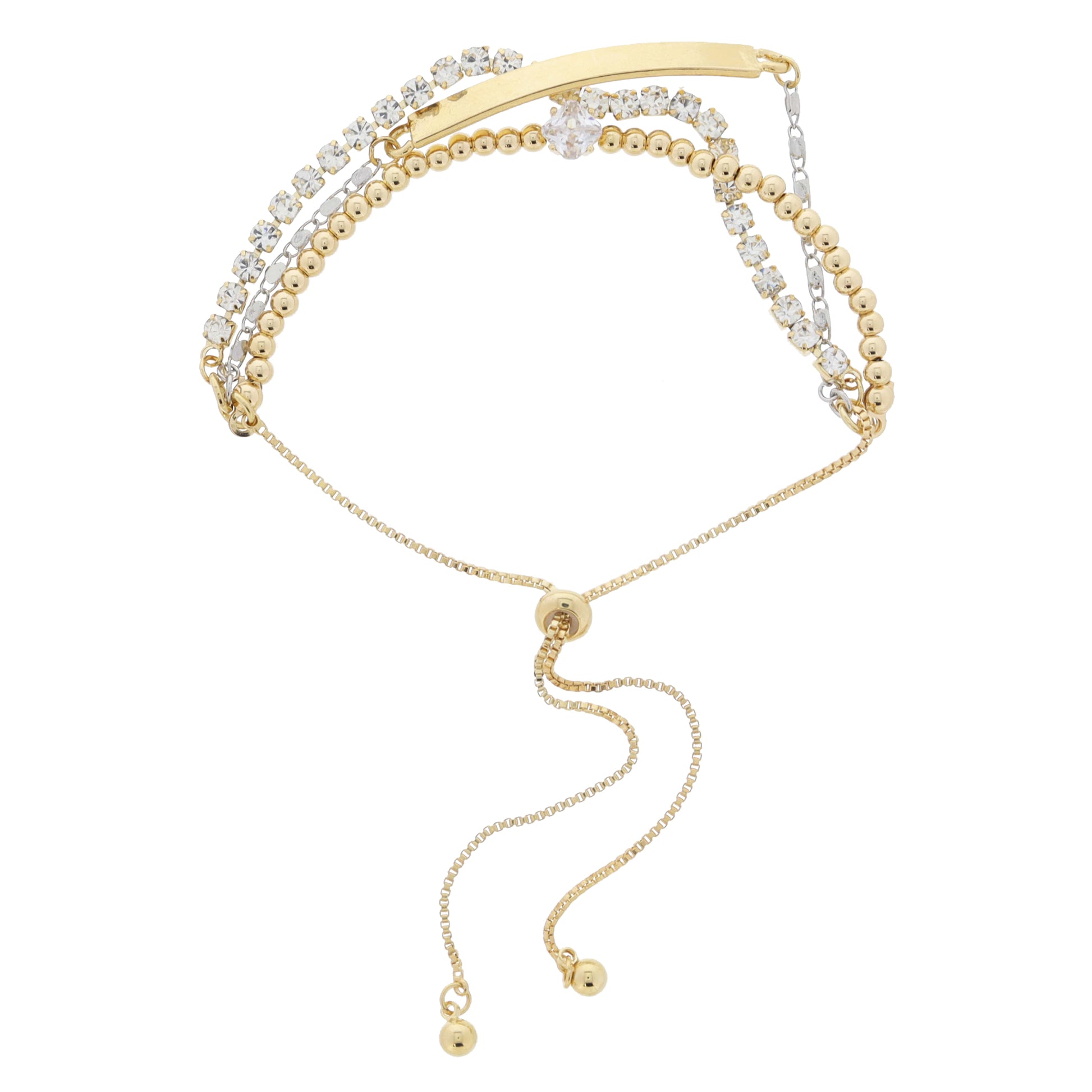 3 Strand, Gold Bar with Silver Chain, Gold Beads with Diamond Crystal, Crystal Tennis Adj Bracelet