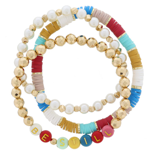 Set of 3, "BE STILL" Coordinating Warm Toned Multi, Gold, Pearl Beaded Stack Bracelet, 7.5" Around