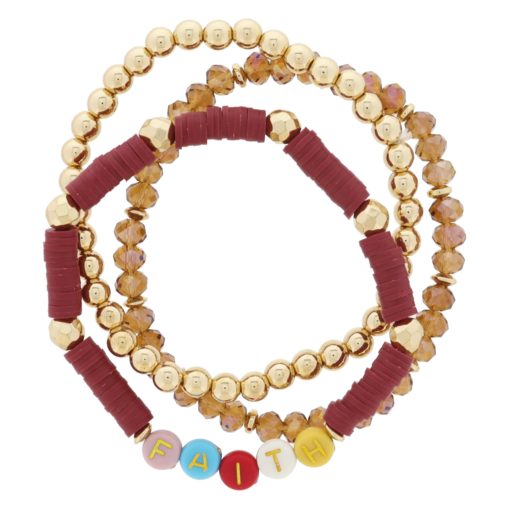 Set of 3, "FAITH" Coordinating Warm Toned Multi and Gold Beaded Stack Bracelet, 7.5" Around