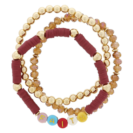 Set of 3, "FAITH" Coordinating Warm Toned Multi and Gold Beaded Stack Bracelet, 7.5" Around