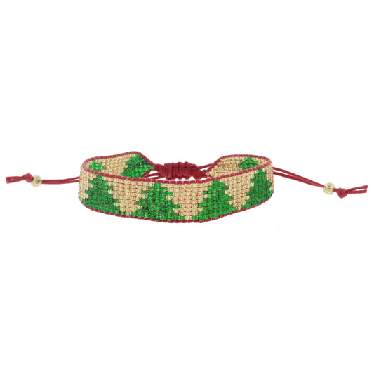 Gold with Green Christmas Trees Beaded Band on Red Cord Adj. Bracelet