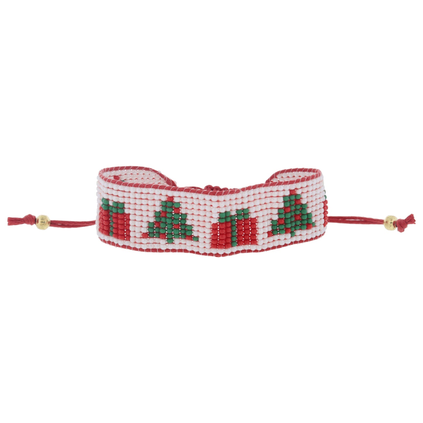 White with Red and Green Christmas Trees and Presents Beaded Band on Red Cord Adj. Bracelet