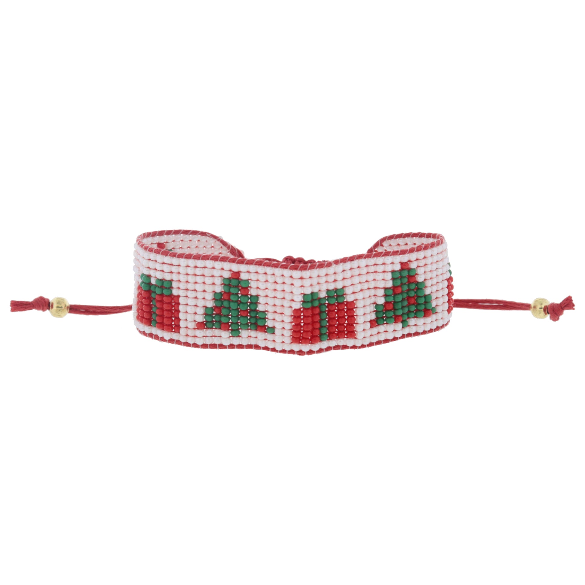 White with Red and Green Christmas Trees and Presents Beaded Band on Red Cord Adj. Bracelet