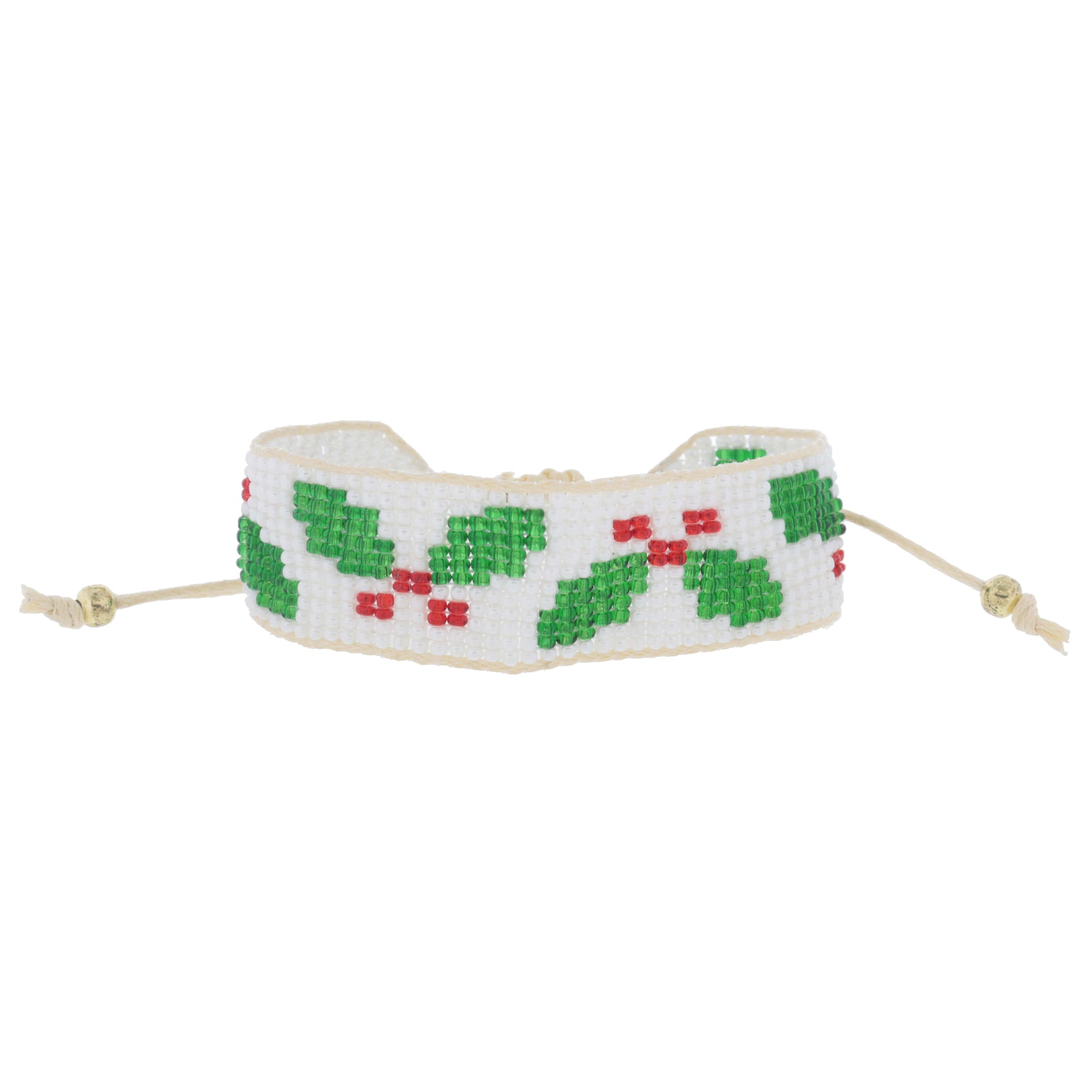 White with Green and Red Holly Beaded Band on White Cord Adj. Bracelet