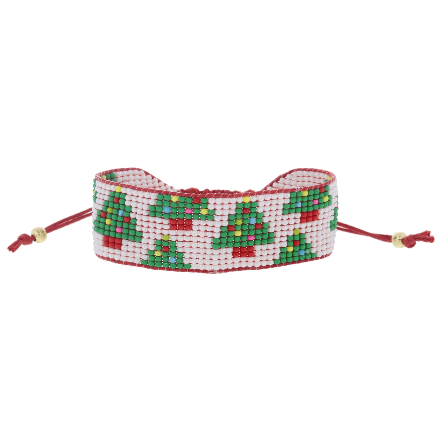 White with Multi Christmas Trees Beaded Band on Red Cord Adj. Bracelet