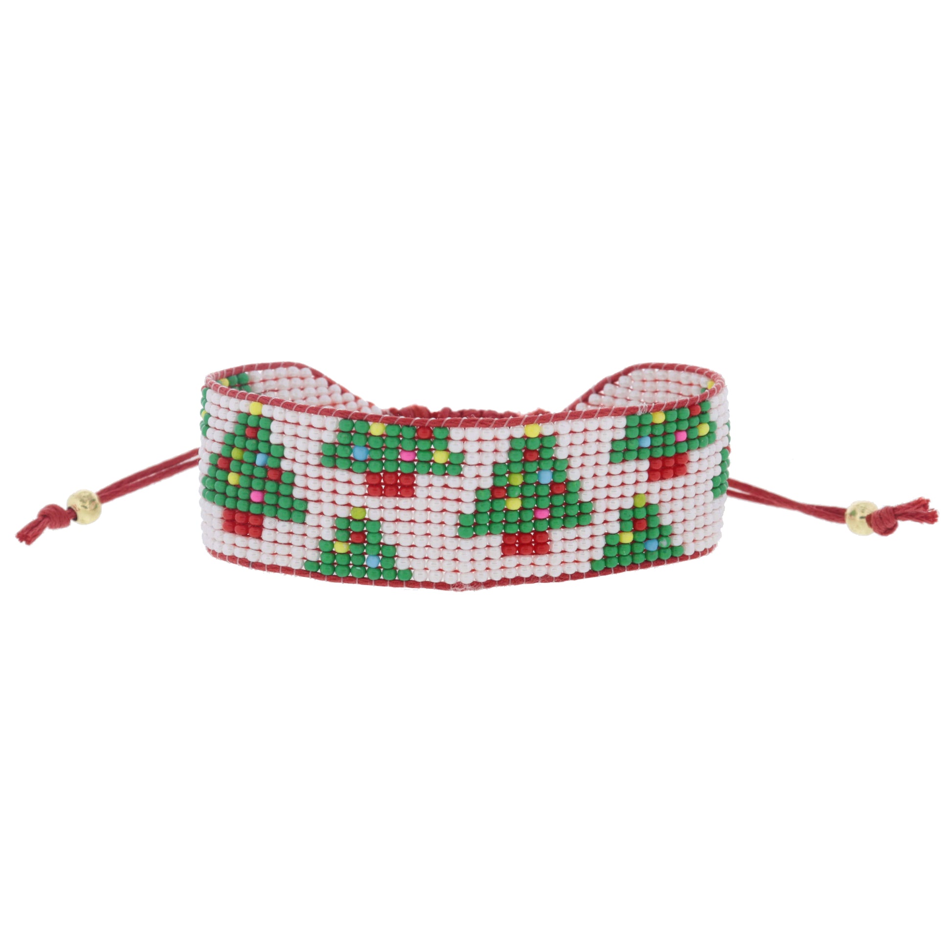 White with Multi Christmas Trees Beaded Band on Red Cord Adj. Bracelet