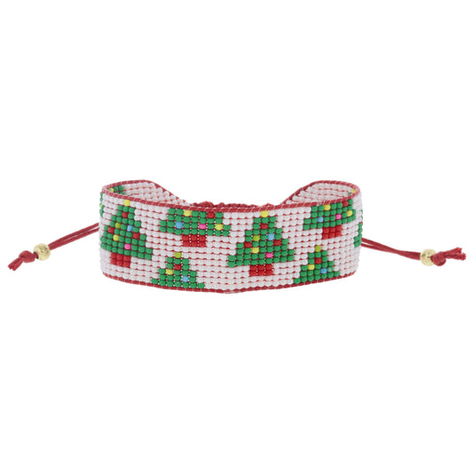 White with Multi Christmas Trees Beaded Band on Red Cord Adj. Bracelet