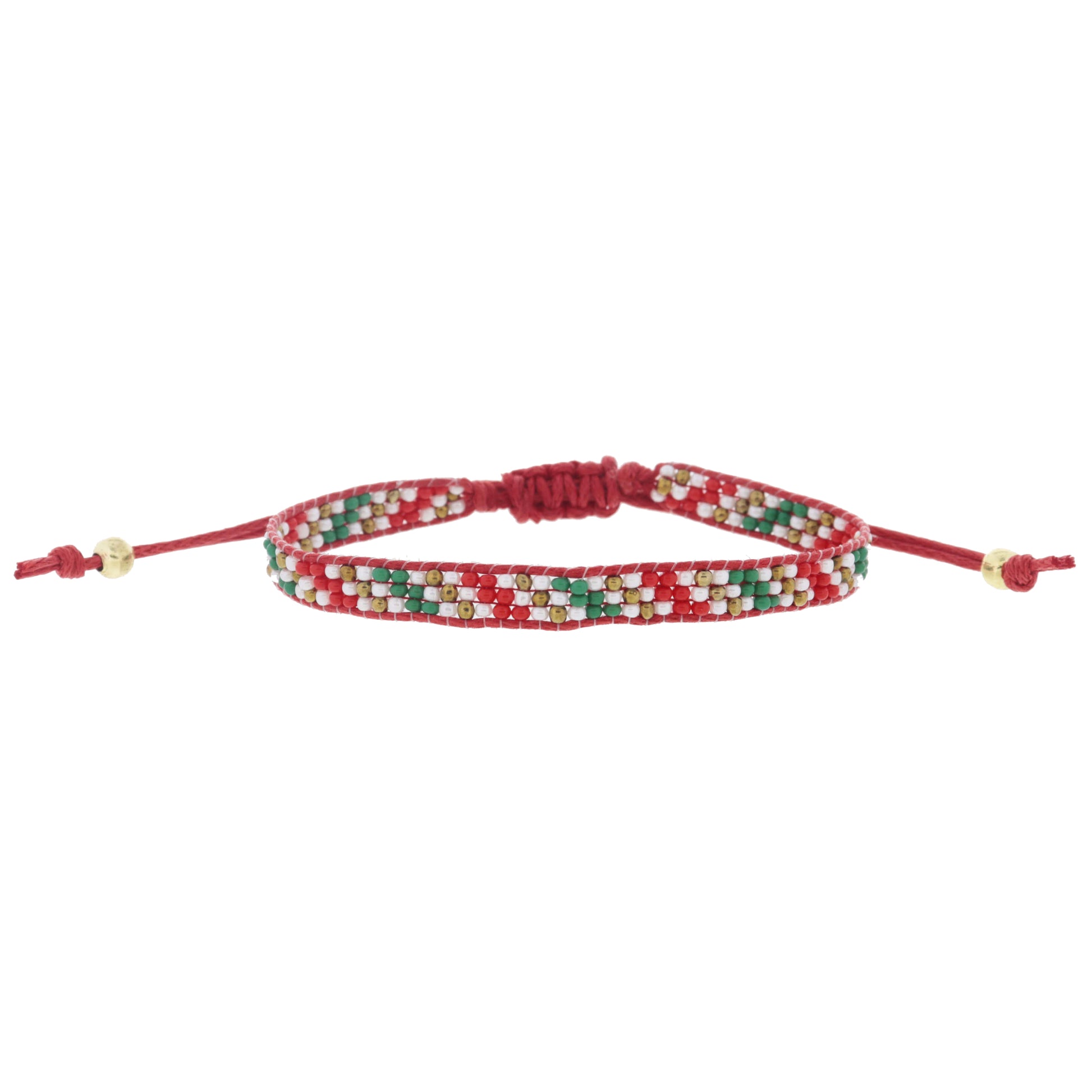 Small Multi Green, Red, Gold, White Beaded Band on Red Cord Adj. Bracelet
