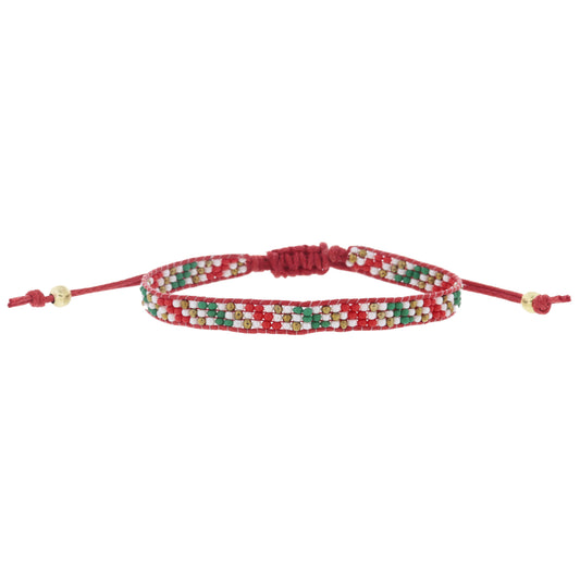 Small Multi Green, Red, Gold, White Beaded Band on Red Cord Adj. Bracelet