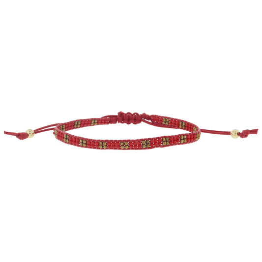 Thin Red and Gold Beaded Band on Red Cord Adj. Bracelet