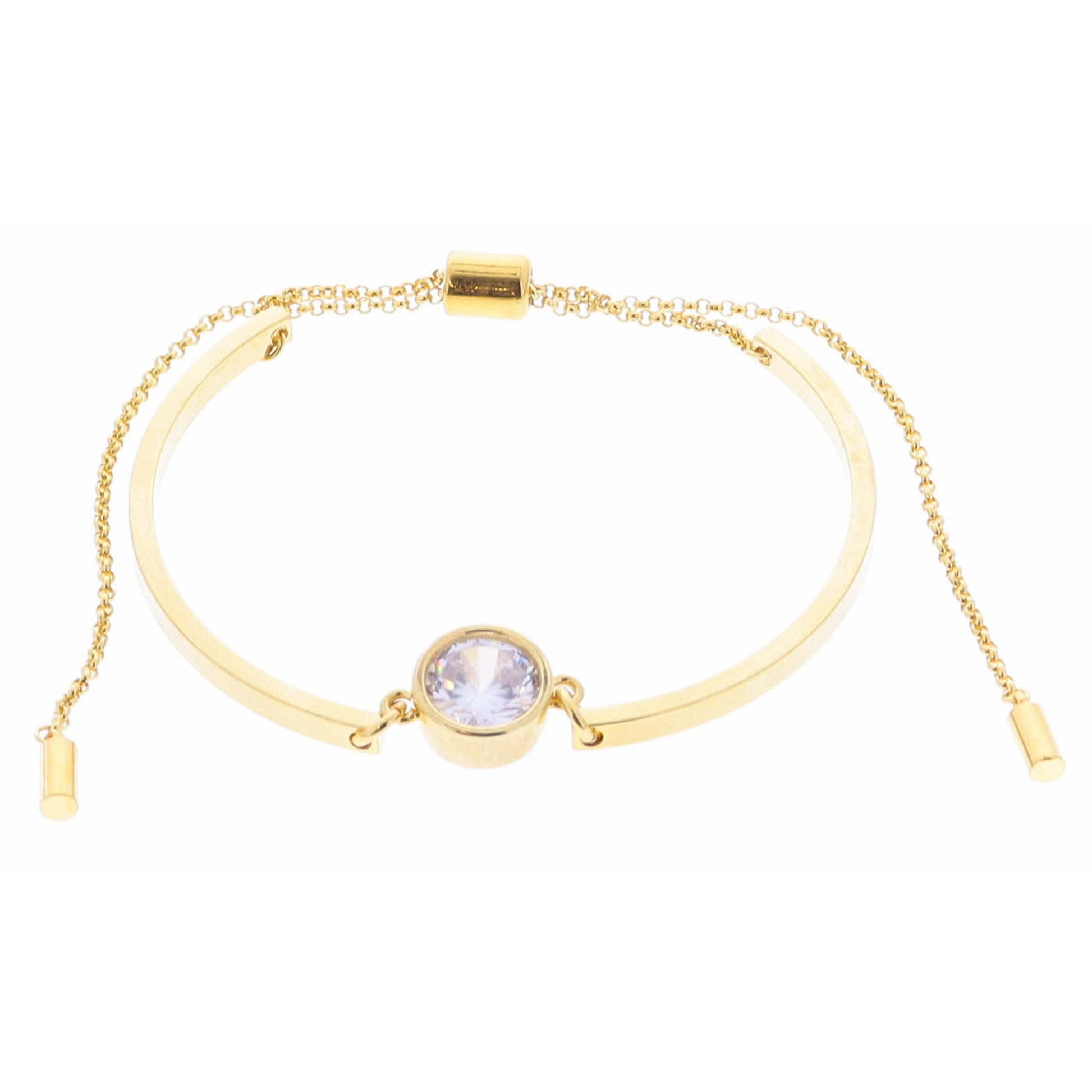 18K Gold Plated Clear Bezel Center Crystal on Curved Gold Bars Bracelet