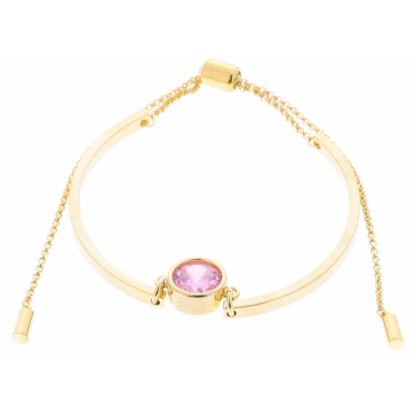 18K Gold Plated Pink Bezel Center Crystal on Curved Gold Bars Bracelet