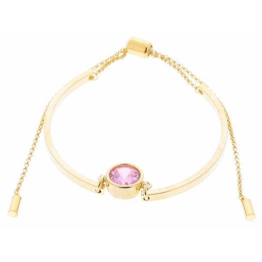 18K Gold Plated Pink Bezel Center Crystal on Curved Gold Bars Bracelet