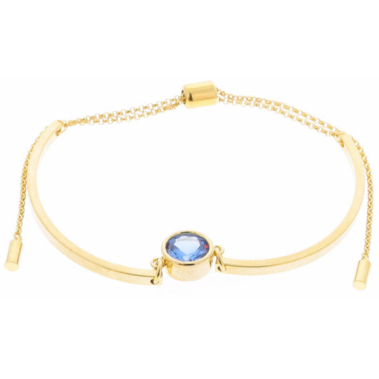 18K Gold Plated Blue Bezel Center Crystal on Curved Gold Bars Bracelet