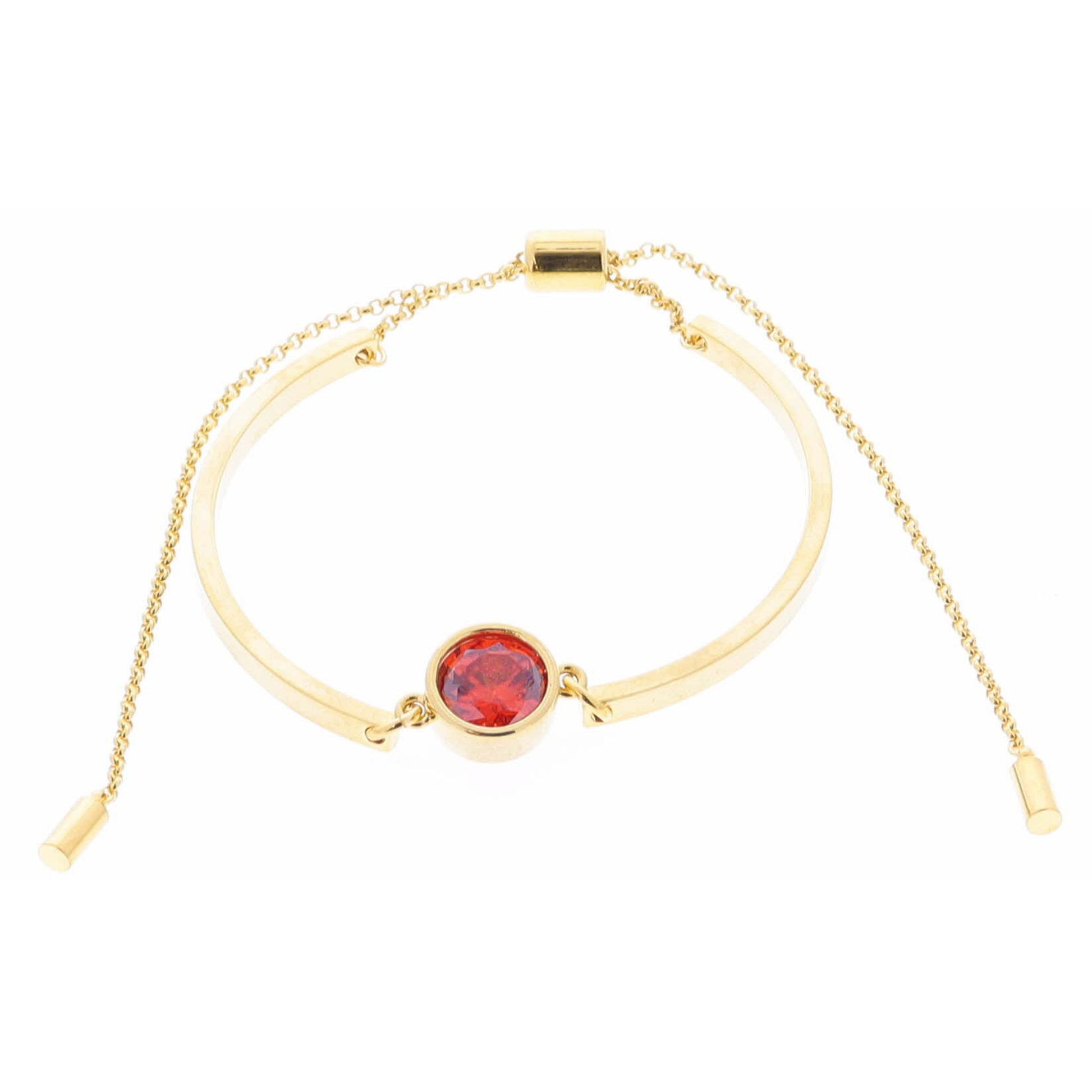 18K Gold Plated Red Bezel Center Crystal on Curved Gold Bars Bracelet
