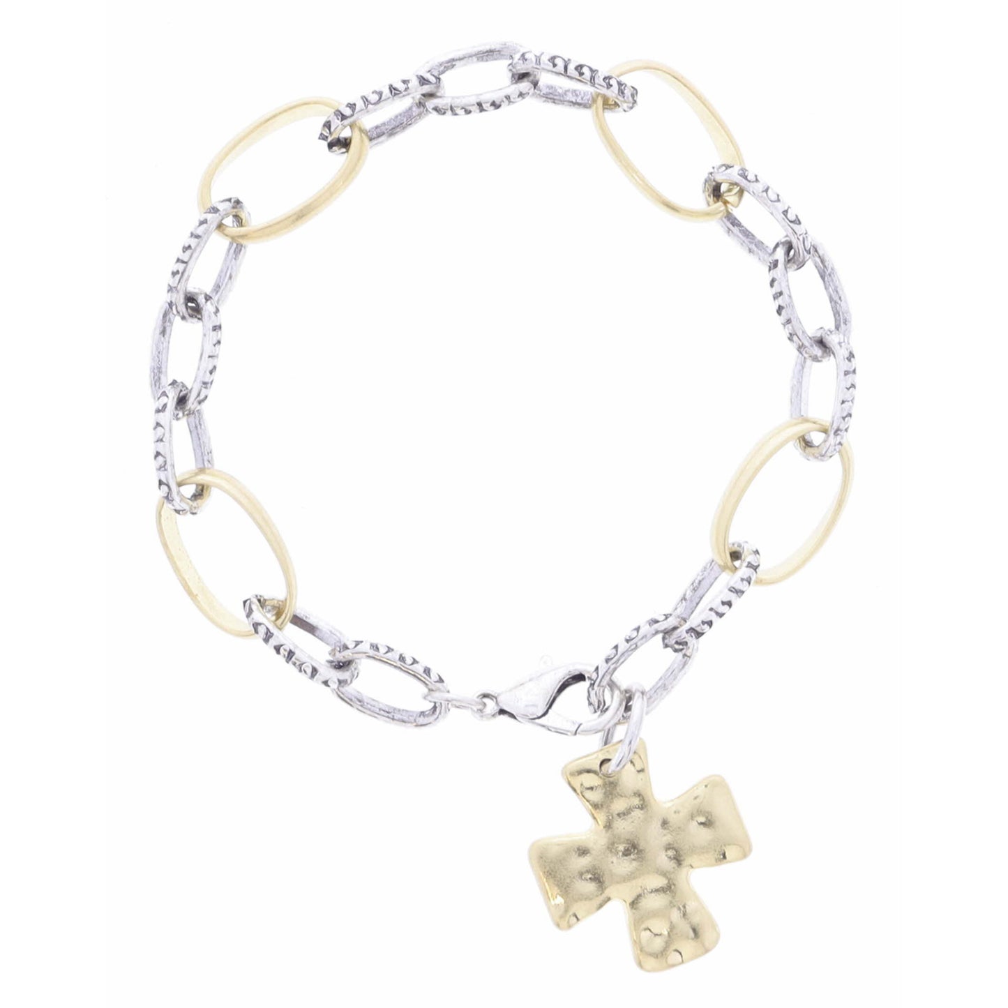 Antique 2-Tone Textured Paperclip Link Chain with Hammered Gold Square Cross Bracelet