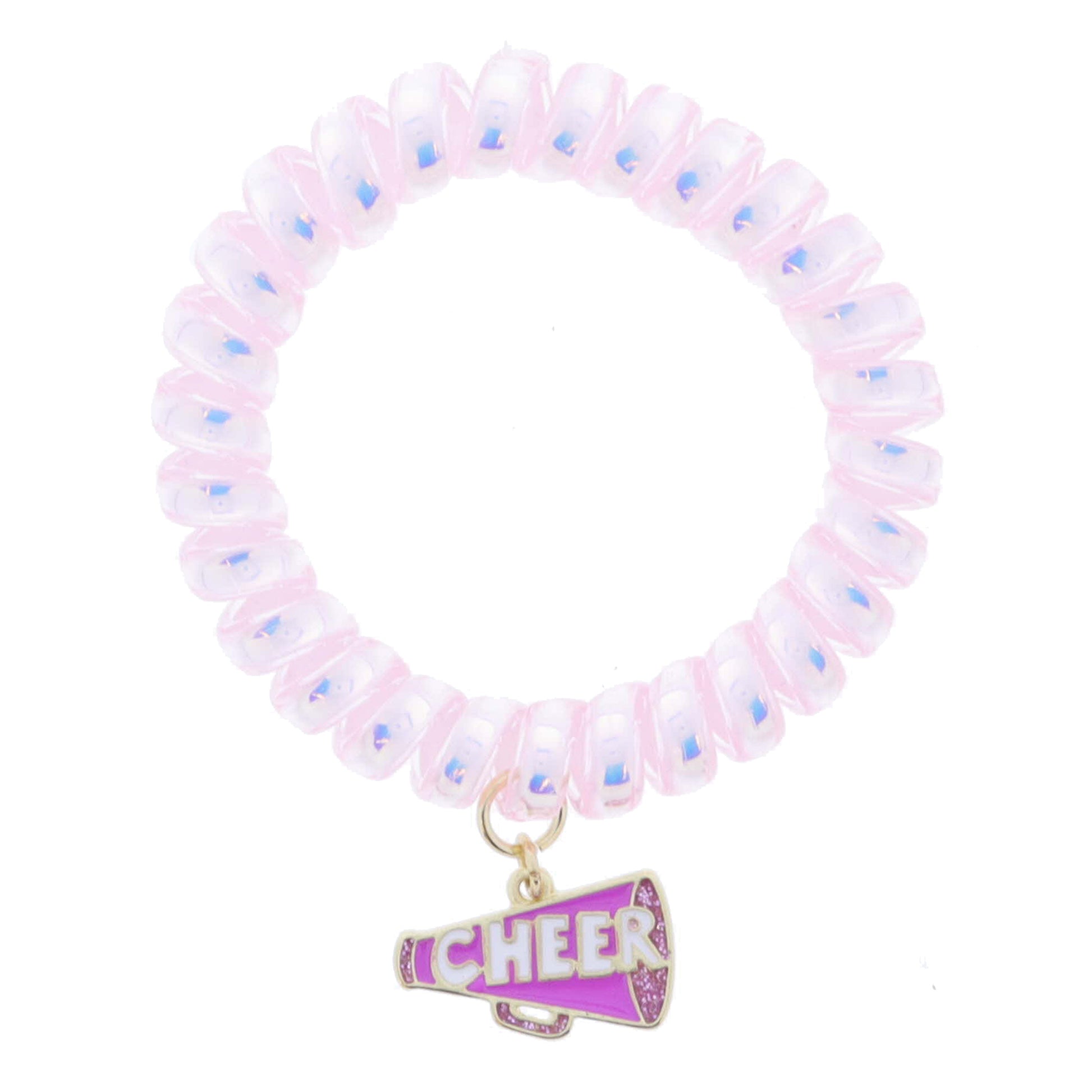 Kids Light Pink Iridescent Spiral Band with Fuchsia & Magenta Glitter "CHEER" Megaphone Bracelets