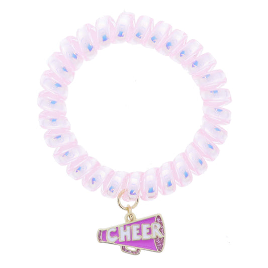 Kids Light Pink Iridescent Spiral Band with Fuchsia & Magenta Glitter "CHEER" Megaphone Bracelets