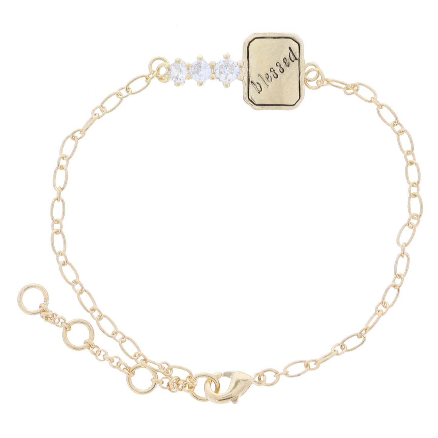 Gold Chain with Gold "blessed" Cut Corner Rectangle and Clear Crystal Accents Bracelet