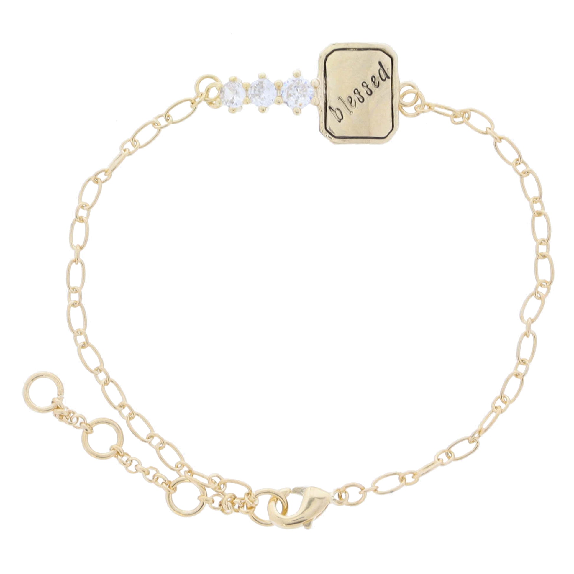 Gold Chain with Gold "blessed" Cut Corner Rectangle and Clear Crystal Accents Bracelet