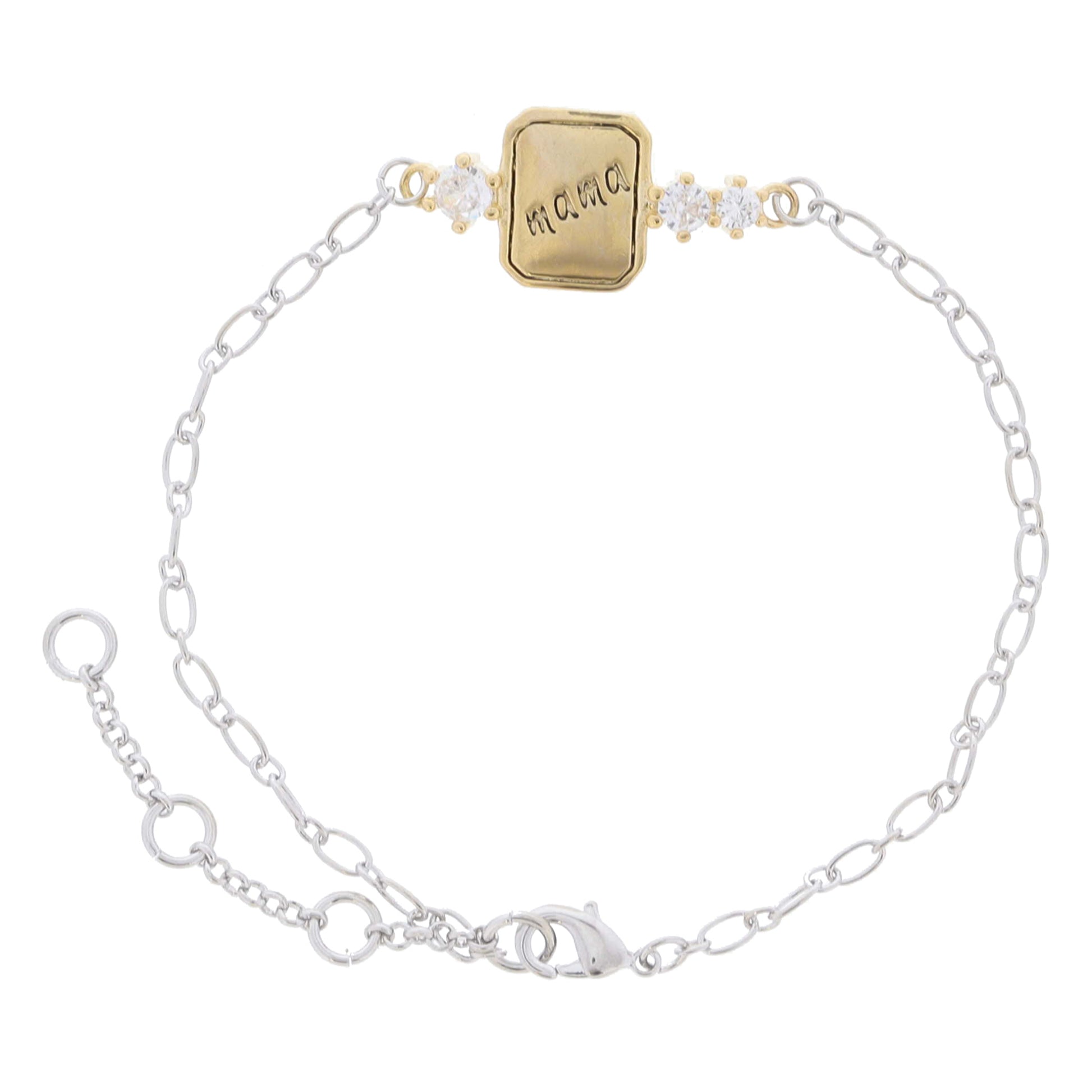 Silver Chain with Gold "mama" Cut Corner Rectangle and Clear Crystal Accents Bracelet