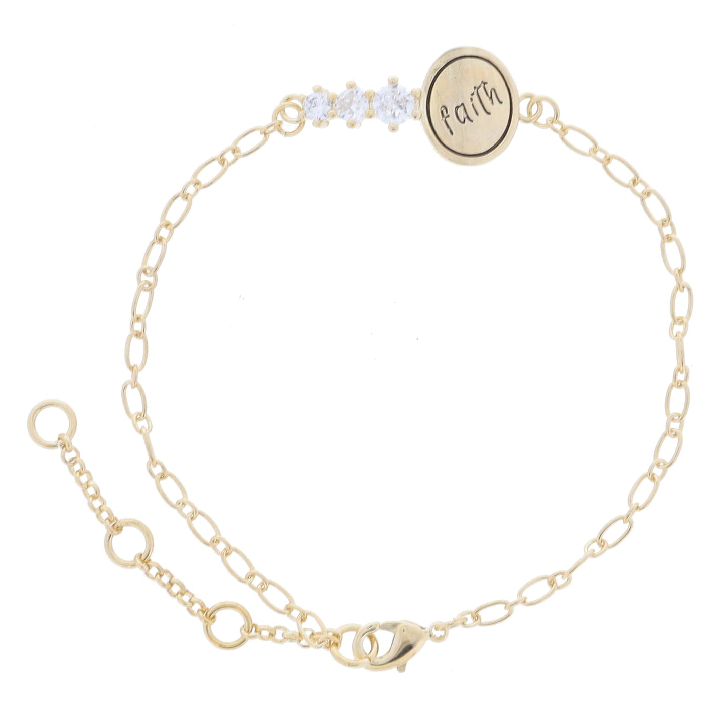 Gold Chain with Gold "faith" Oval and Clear Crystal Accents Bracelet