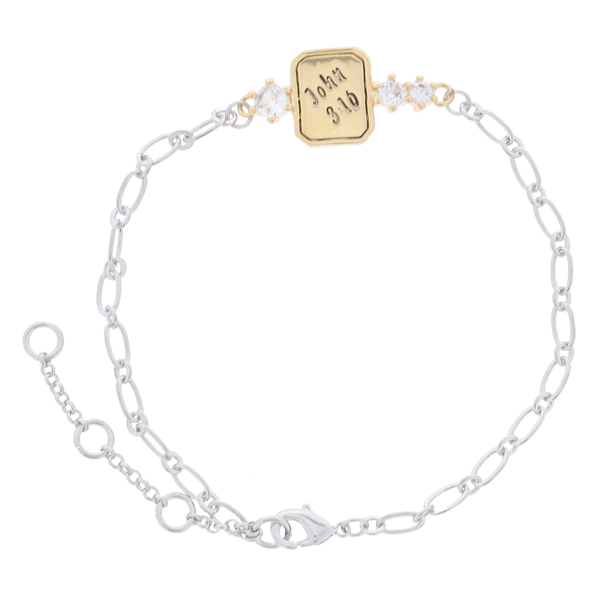 Silver Chain with Gold "John 3:16" Cut Corner Rectangle and Clear Crystal Accents Bracelet