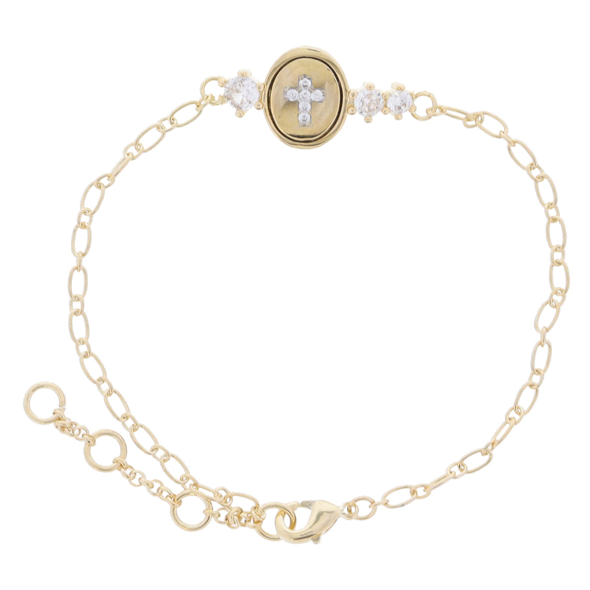 Gold Chain with Gold Pave Crystal Cross Oval and Clear Crystal Accents Bracelet