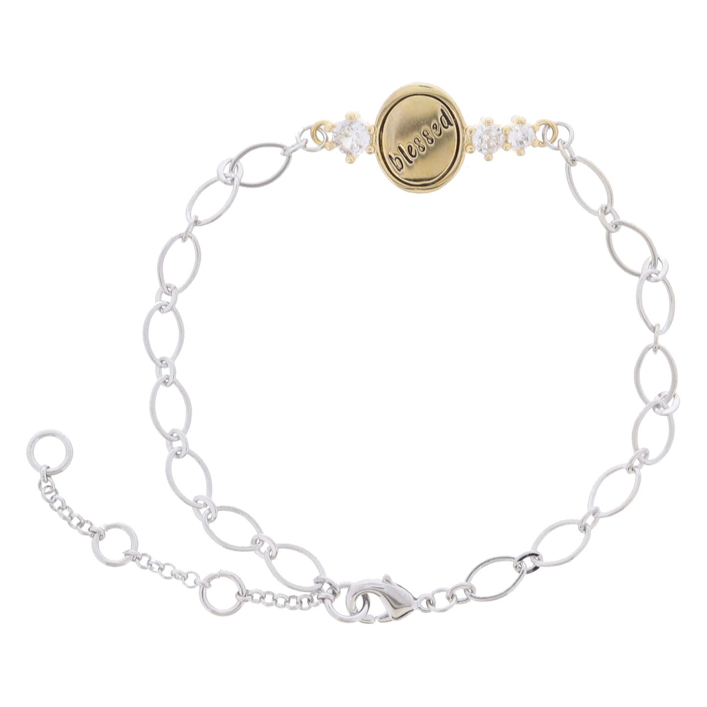 Silver Chain with Gold "blessed" Oval and Clear Crystal Accents Bracelet