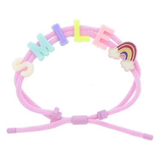 Kids Light Pink Cord and Multi "SMILE" and Multi Enamel Rainbow Bracelet, Adj.