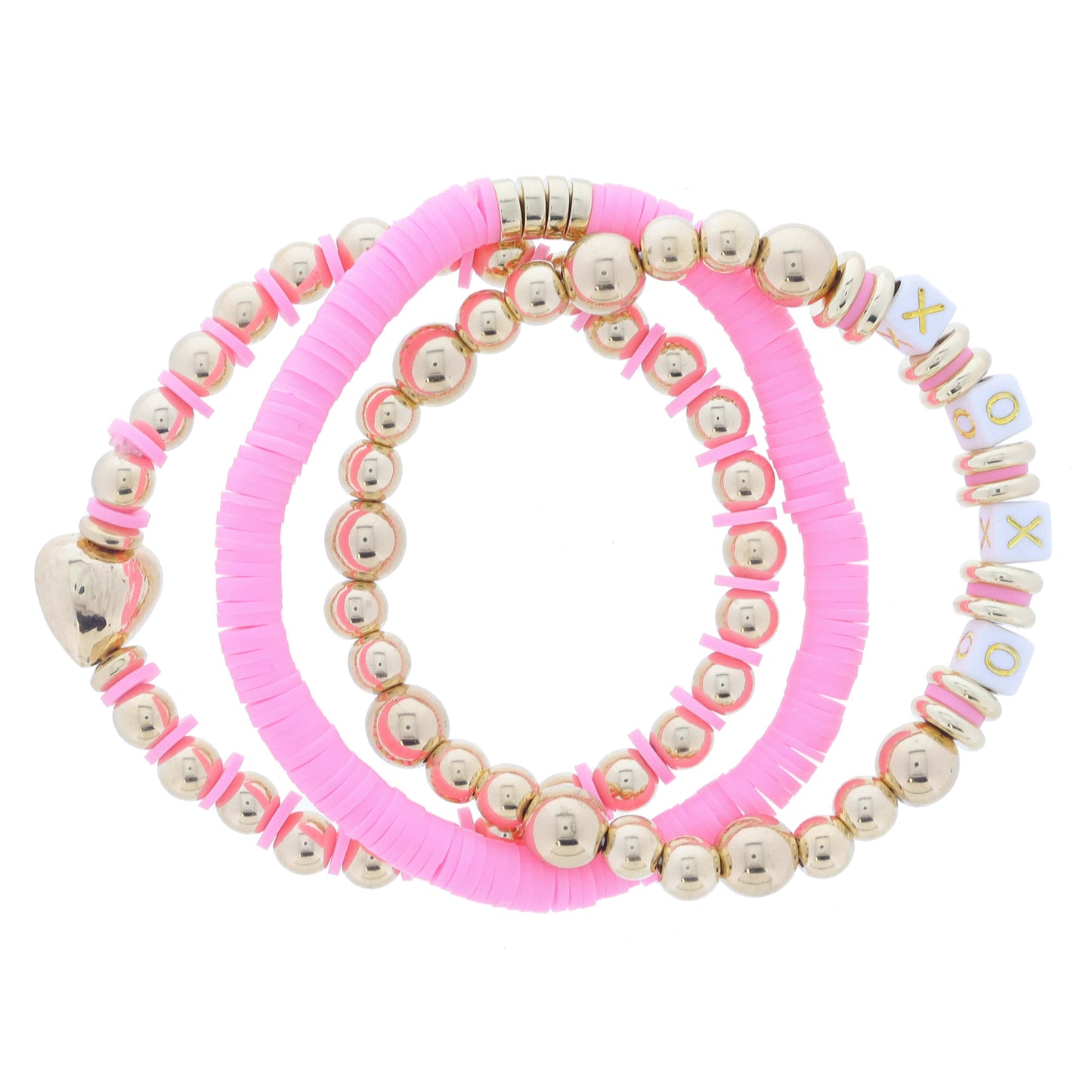Set of 3 Coordinating Pink Rubber Sequin & Gold Ball Beaded with "XOXO" & Heart Accent Bracelet