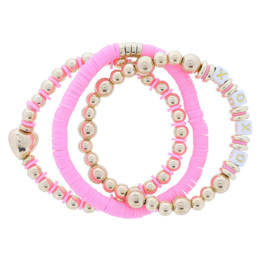 Set of 3 Coordinating Pink Rubber Sequin & Gold Ball Beaded with "XOXO" & Heart Accent Bracelet