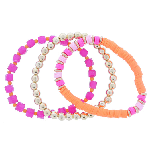 Set of 3, Orange with Pinks & Gold Sequins, Gold Ball Beaded, Pink Cubes & Orange Beads Bracelet