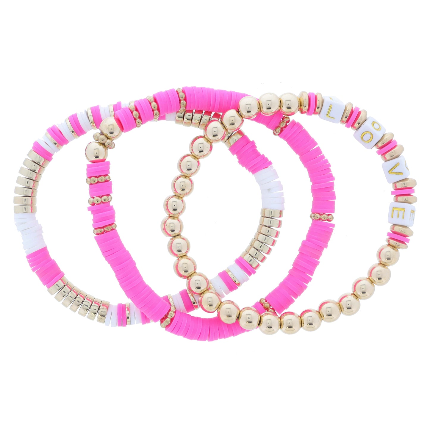 Set of 3 Coordinating Hot Pink & White Rubber Sequin & Gold Beaded with "LOVE" Beads Bracelet