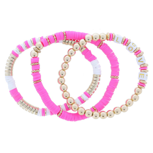 Set of 3 Coordinating Hot Pink & White Rubber Sequin & Gold Beaded with "LOVE" Beads Bracelet