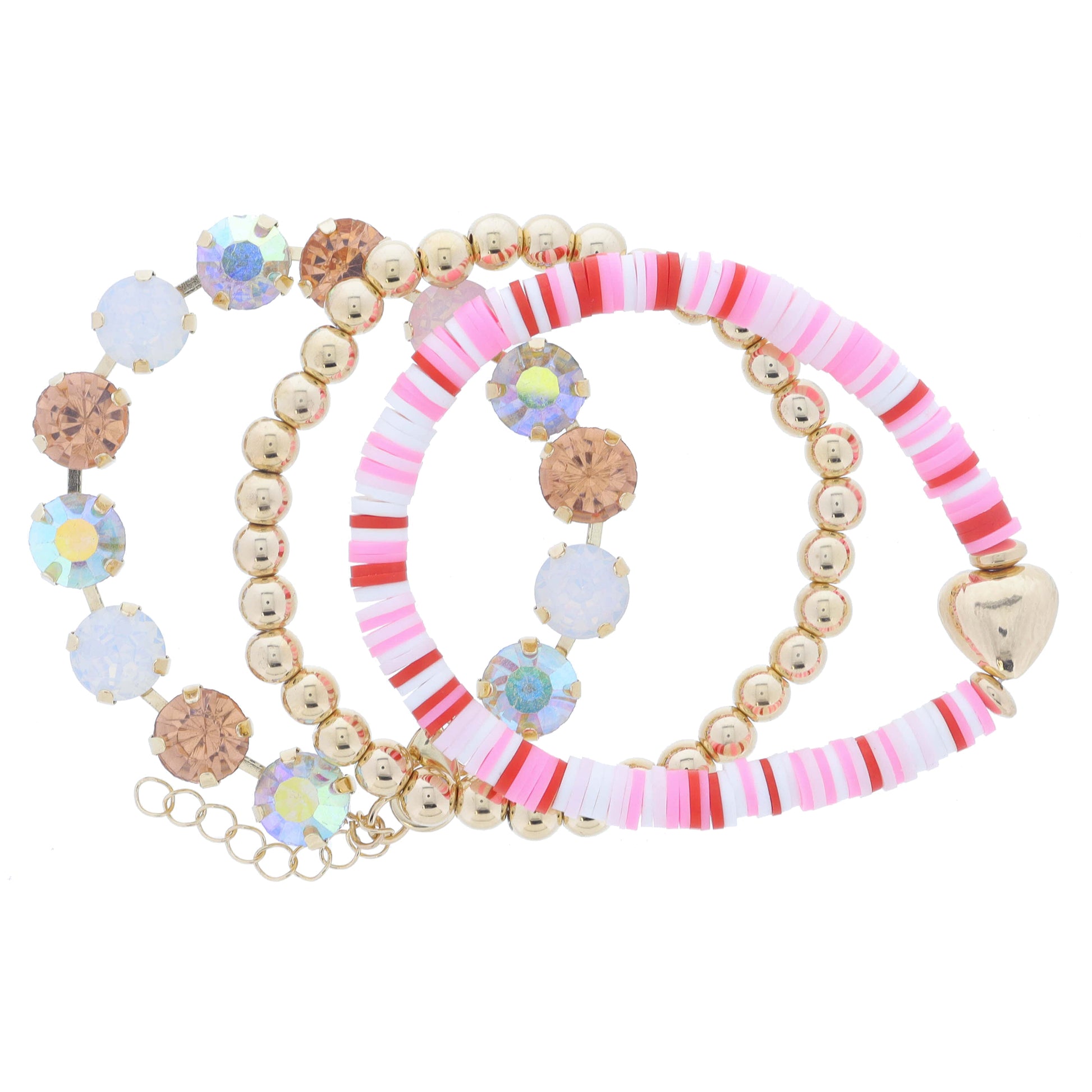 Set of 3, Pinks & Red Sequin with Gold Heart, Gold Balls, Champagne, Moonstone Crystals Bracelet