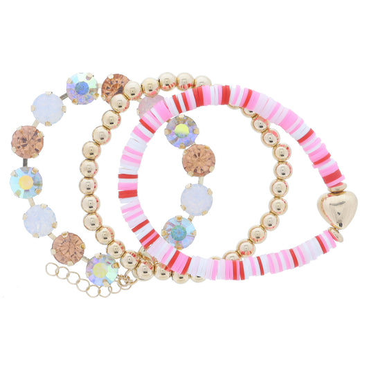 Set of 3, Pinks & Red Sequin with Gold Heart, Gold Balls, Champagne, Moonstone Crystals Bracelet