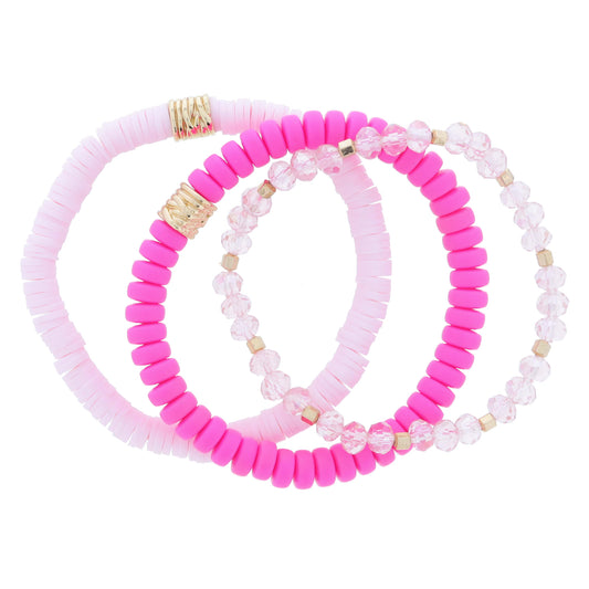 Set of 3, Pink Rubber Sequins, Hot Pink Rubber Beaded, Pink Beaded with Gold Beads Bracelet