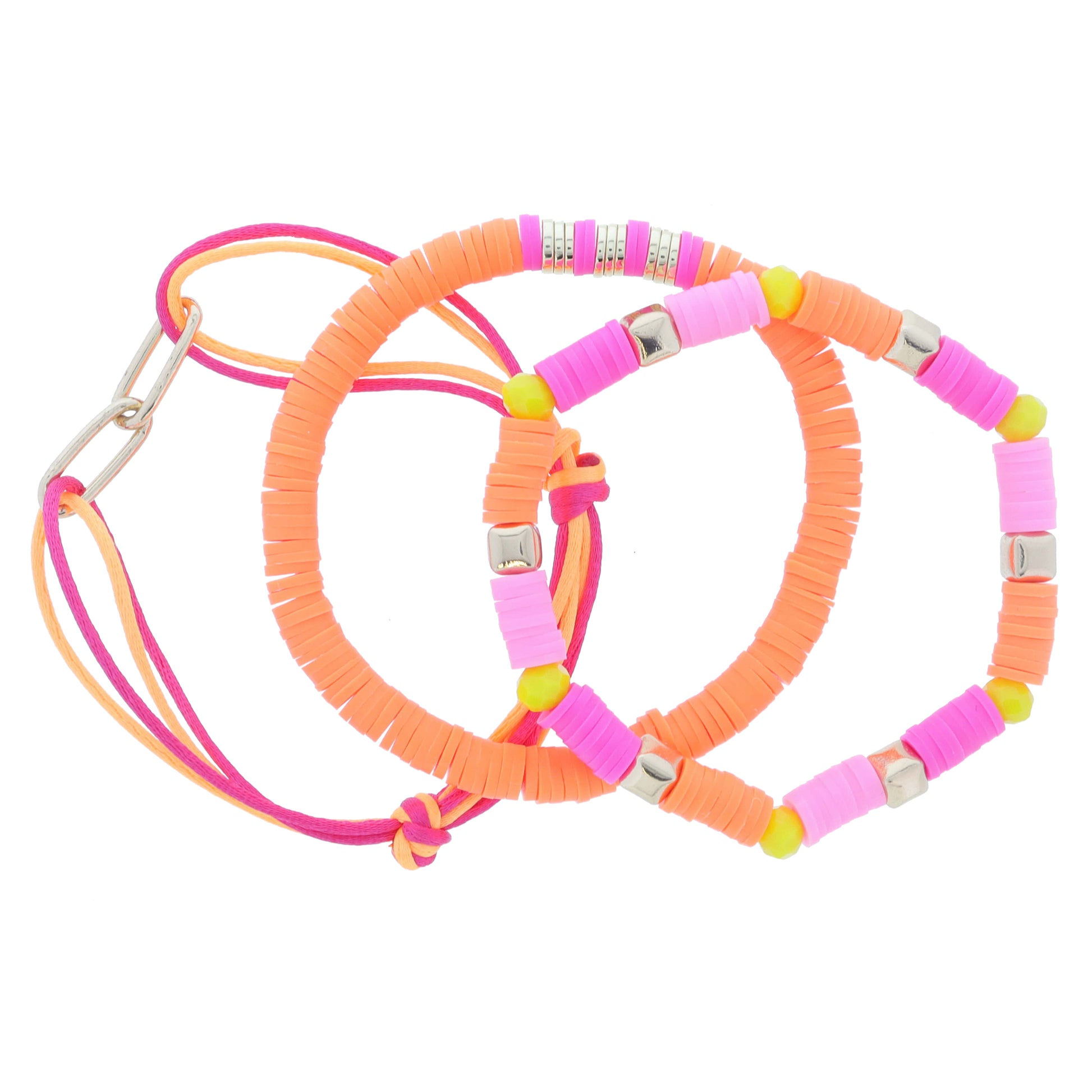 Set of 3, Pink & Orange Rubber Sequin with Gold Beads, Orange & Hot Pink Cord with Gold Bracelet