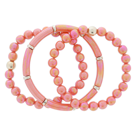 Set of 3, Coordinating Iridescent Coral Orange Beaded with Gold Bead Accents Bracelet