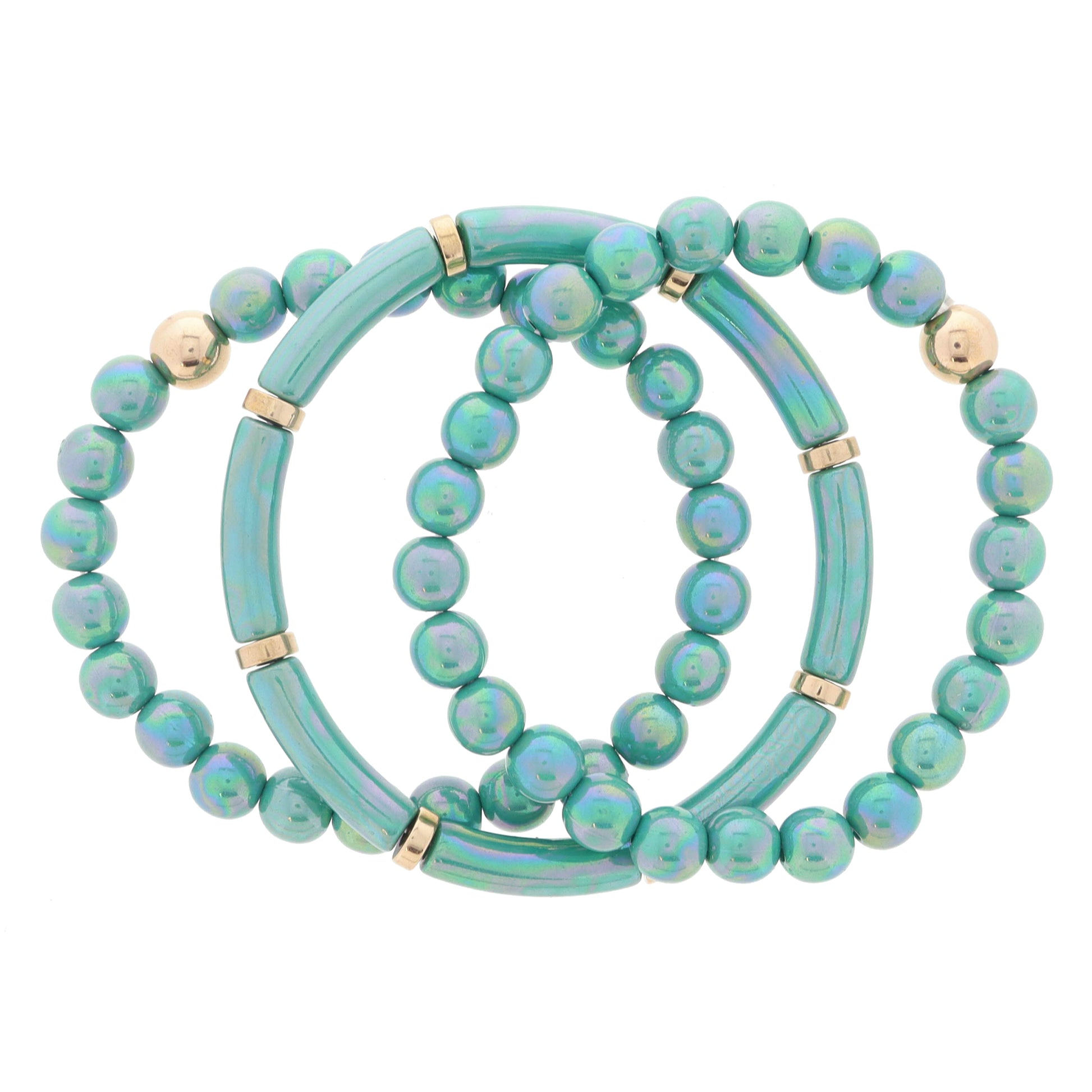 Set of 3, Coordinating Iridescent Emerald Green Beaded with Gold Bead Accents Bracelet