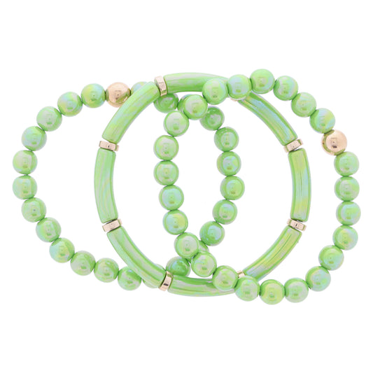 Set of 3, Coordinating Iridescent Lime Green Beaded with Gold Bead Accents Bracelet