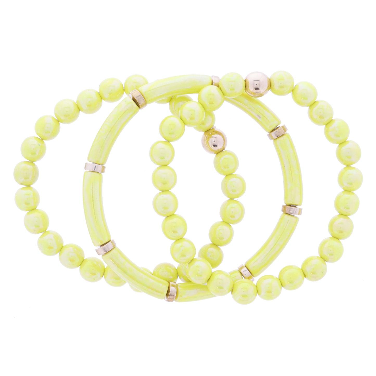 Set of 3, Coordinating Iridescent Yellow Beaded with Gold Bead Accents Bracelet