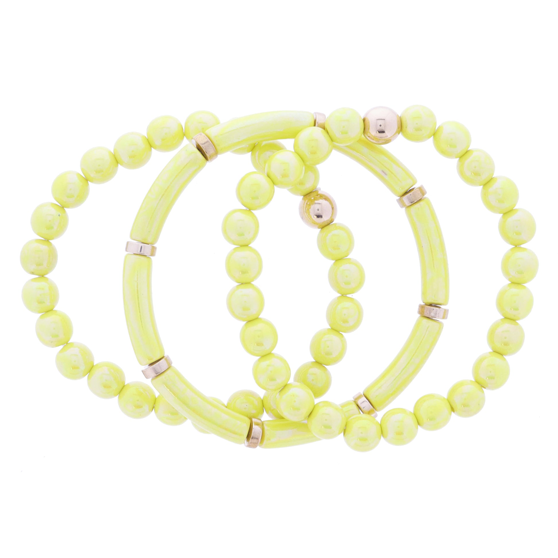 Set of 3, Coordinating Iridescent Yellow Beaded with Gold Bead Accents Bracelet
