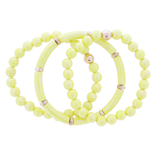 Set of 3, Coordinating Iridescent Yellow Beaded with Gold Bead Accents Bracelet