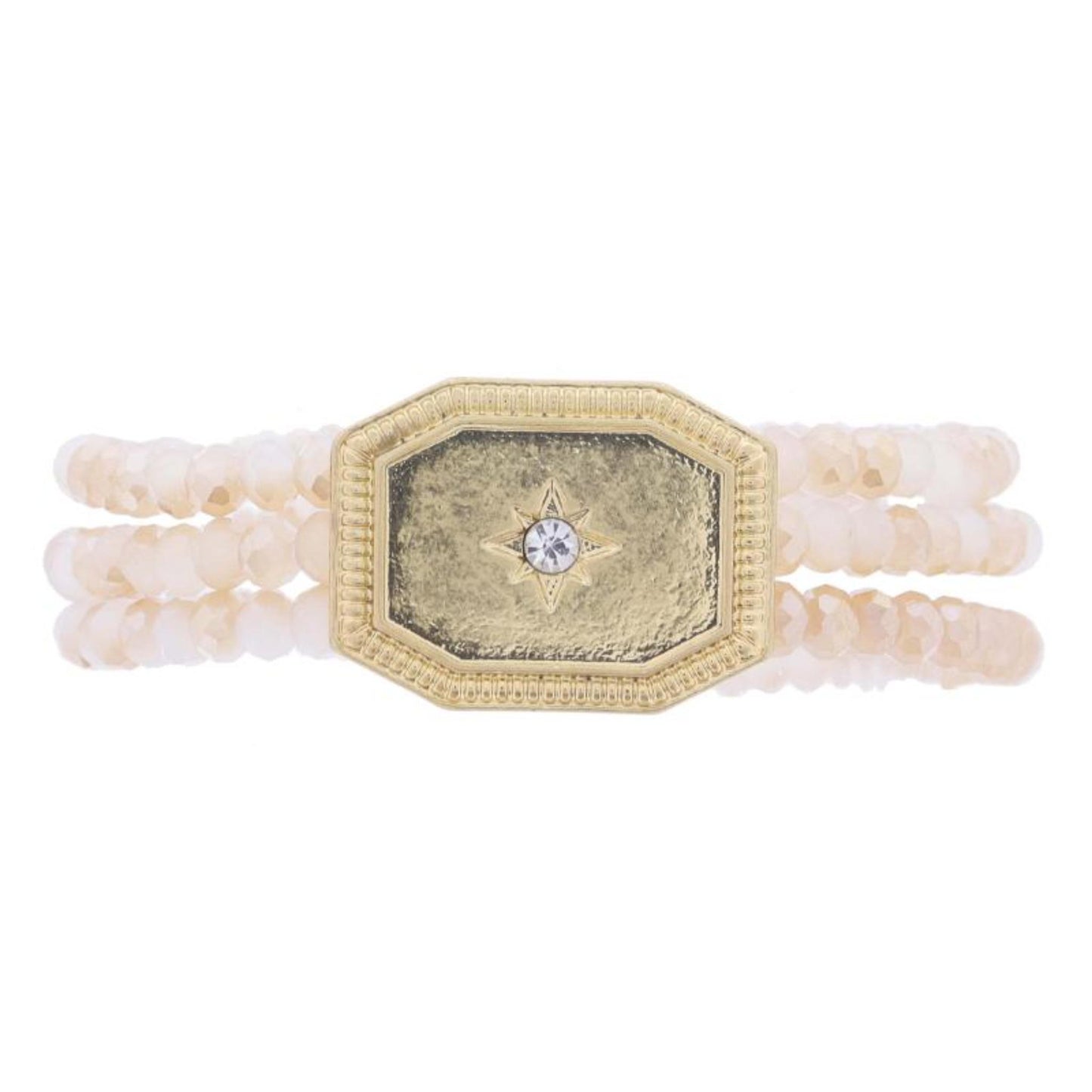 Multi Champagne Faceted Beaded Strands with Decorative Gold Rectangular Plate Bracelet