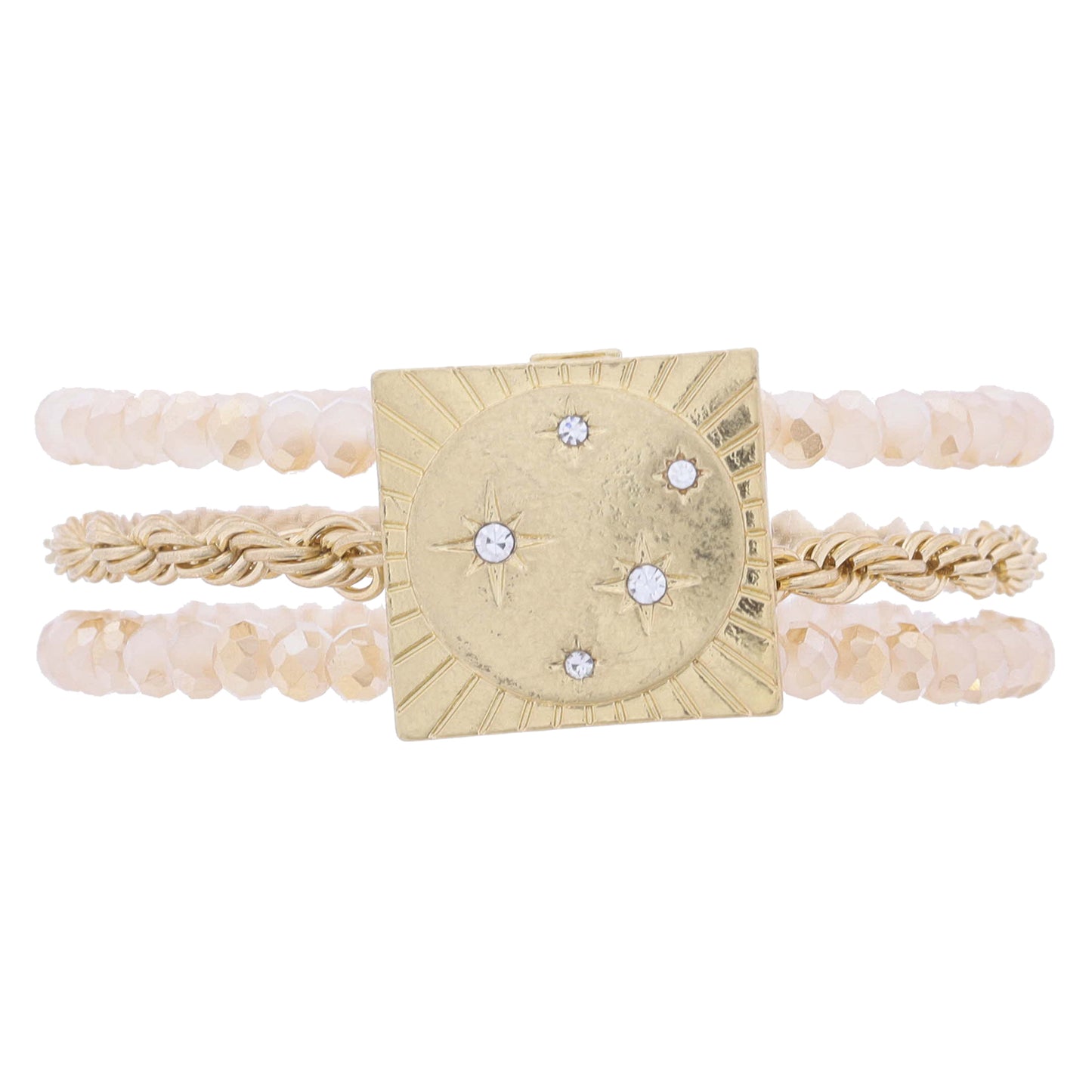 Champagne Beaded & Gold Rope Chain with Gold Square Crystal Starburst Sun Magnetic Clasp Bracelet