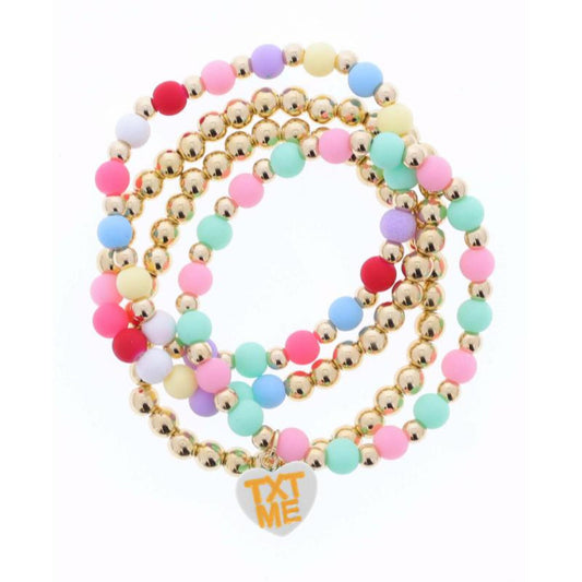 Kids Set of 4, Gold & Ball Beaded, Multi Colored with Mint "TXT ME" Heart Charm Stretch Bracelet
